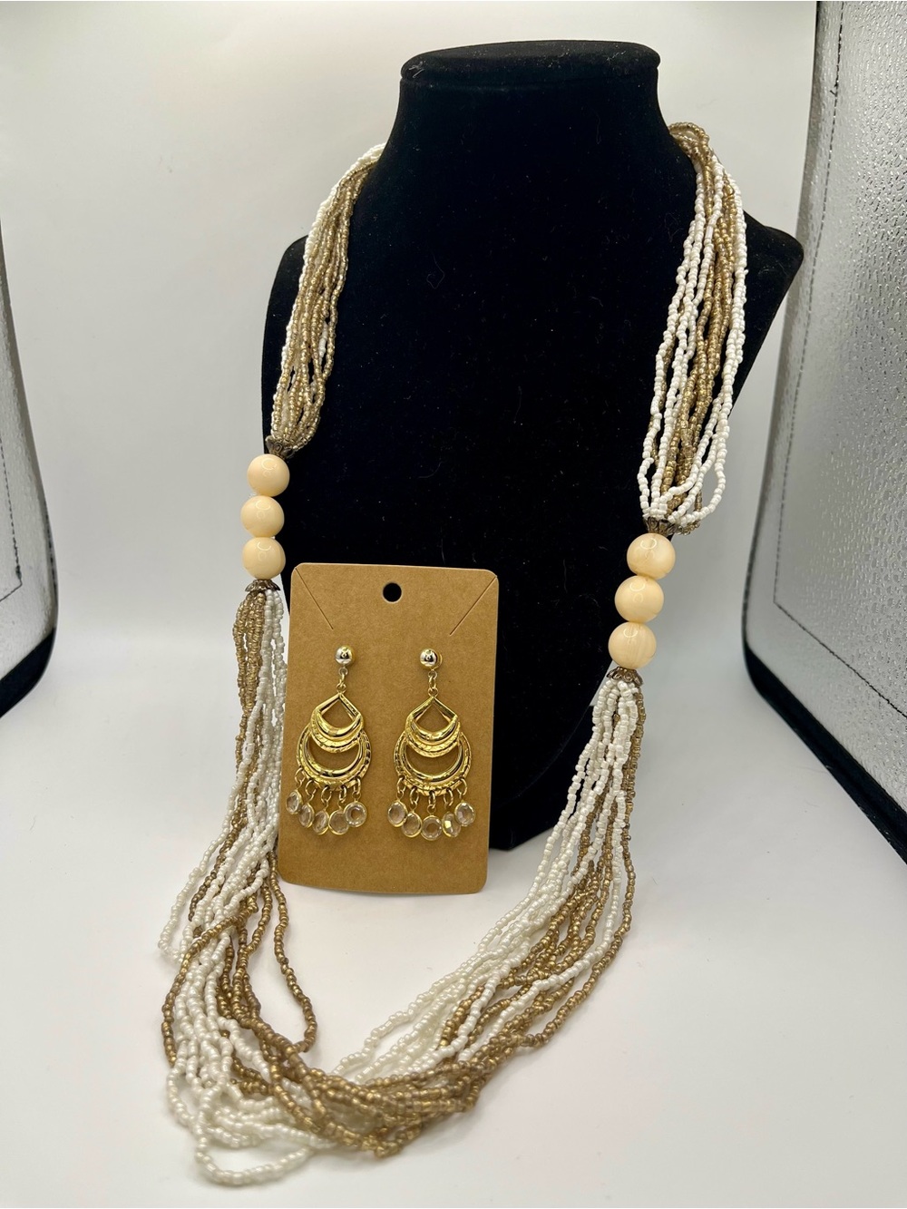 Gold and Cream Multi-Strand Beaded Necklace with Matching Earrings